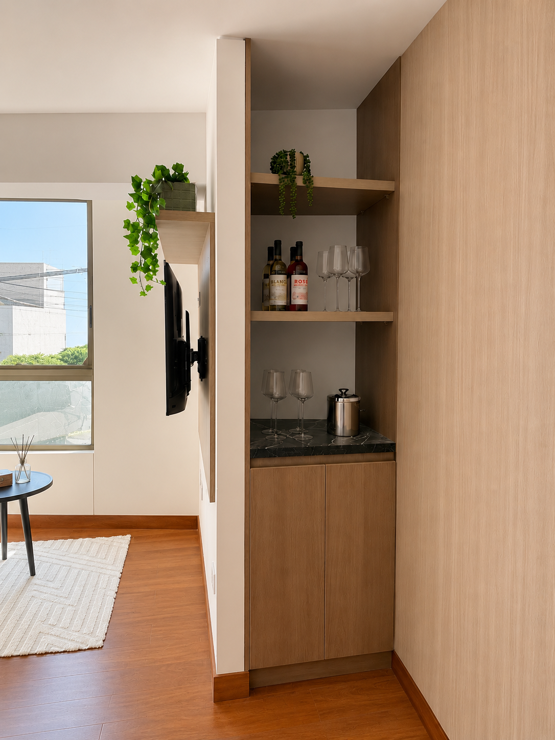 Interior del proyecto Samoa — bar y mueble de almacenamiento